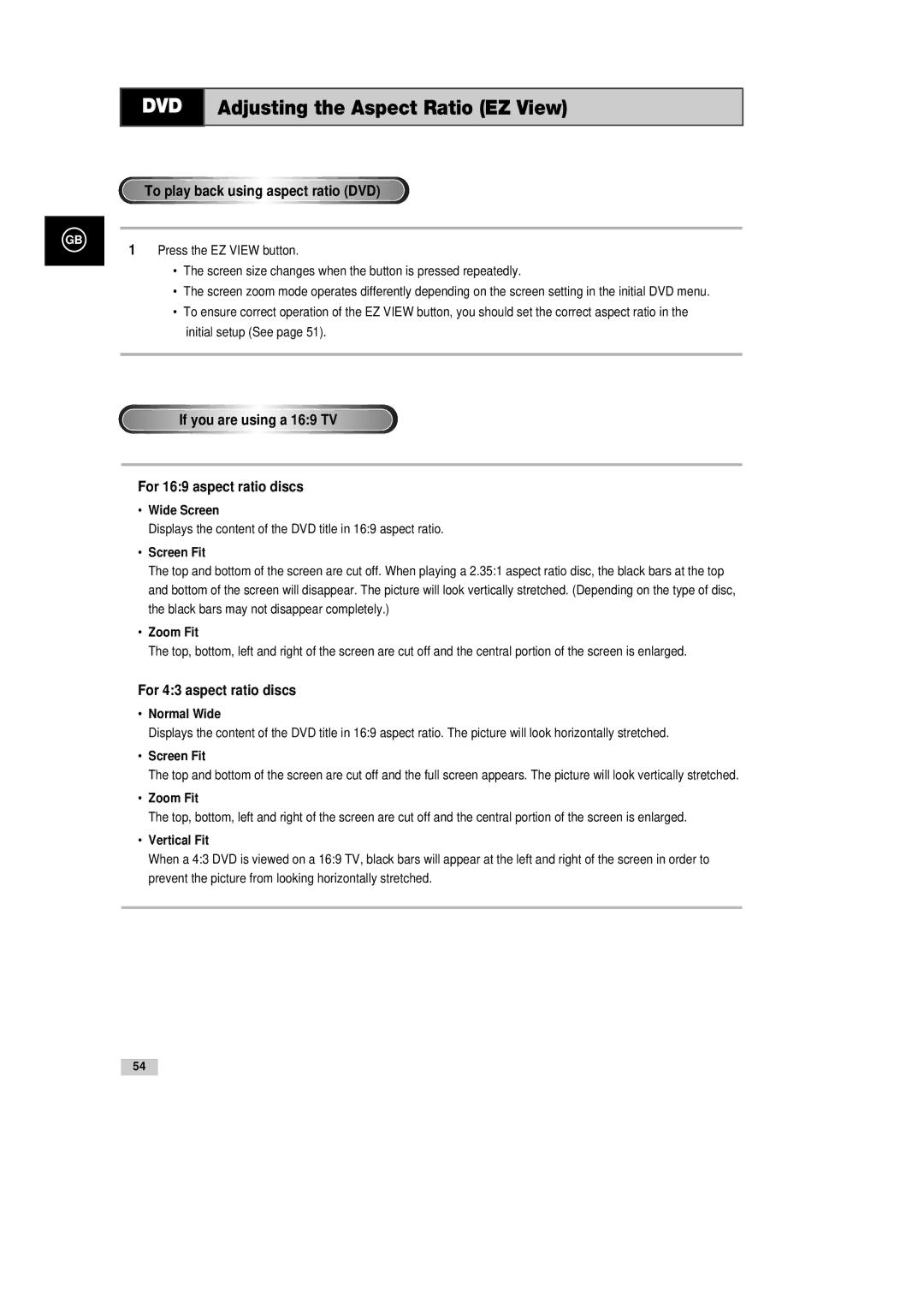 Samsung DVD-CM500H/XEF Adjusting the Aspect Ratio EZ View, To play back using aspect ratio DVD, For 43 aspect ratio discs 