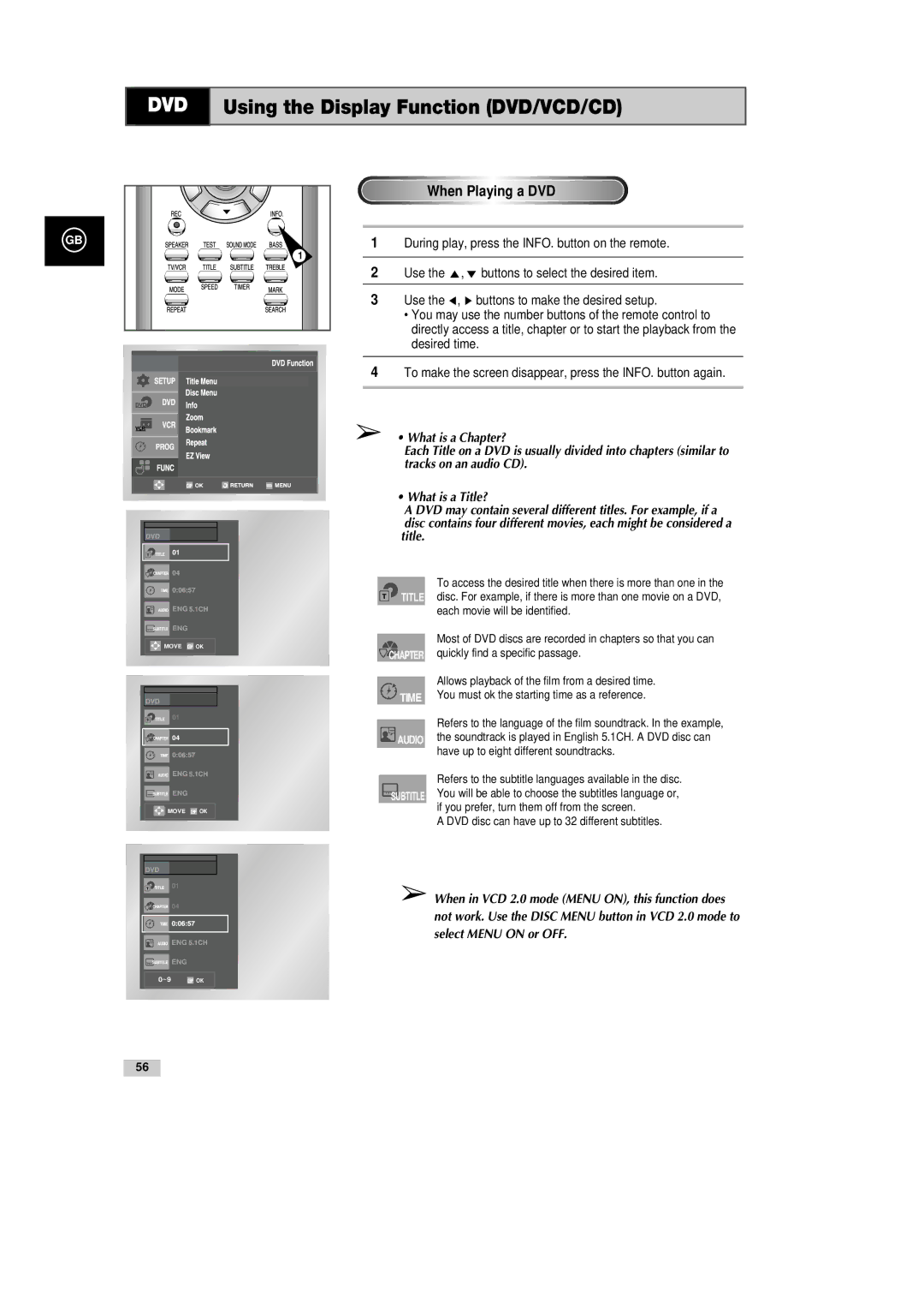 Samsung DVD-CM500H/XEF manual Using the Display Function DVD/VCD/CD, When Playing a DVD 