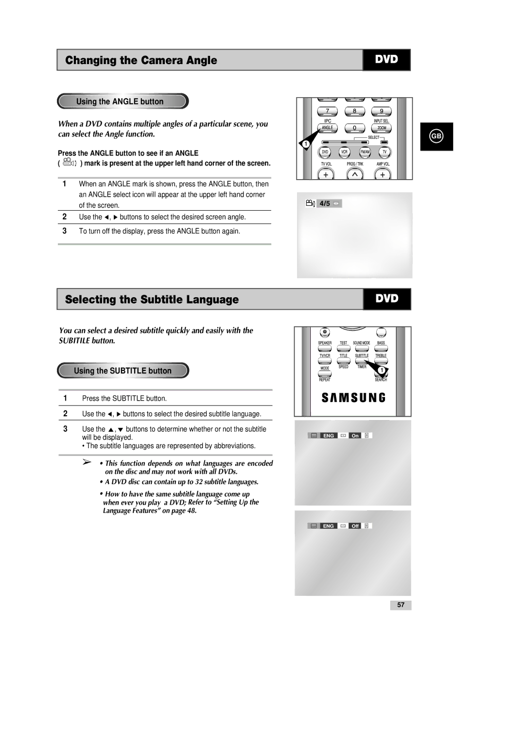 Samsung DVD-CM500H/XEF manual Changing the Camera Angle, Selecting the Subtitle Language, Using the Angle button 