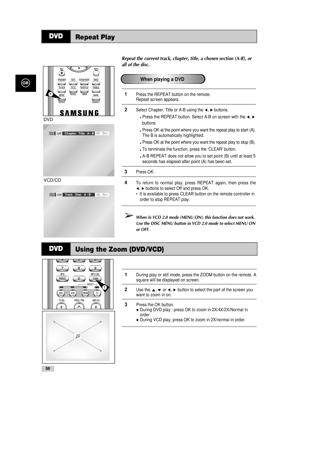 Samsung DVD-CM500H/XEF manual DVD Repeat Play, Using the Zoom DVD/VCD 