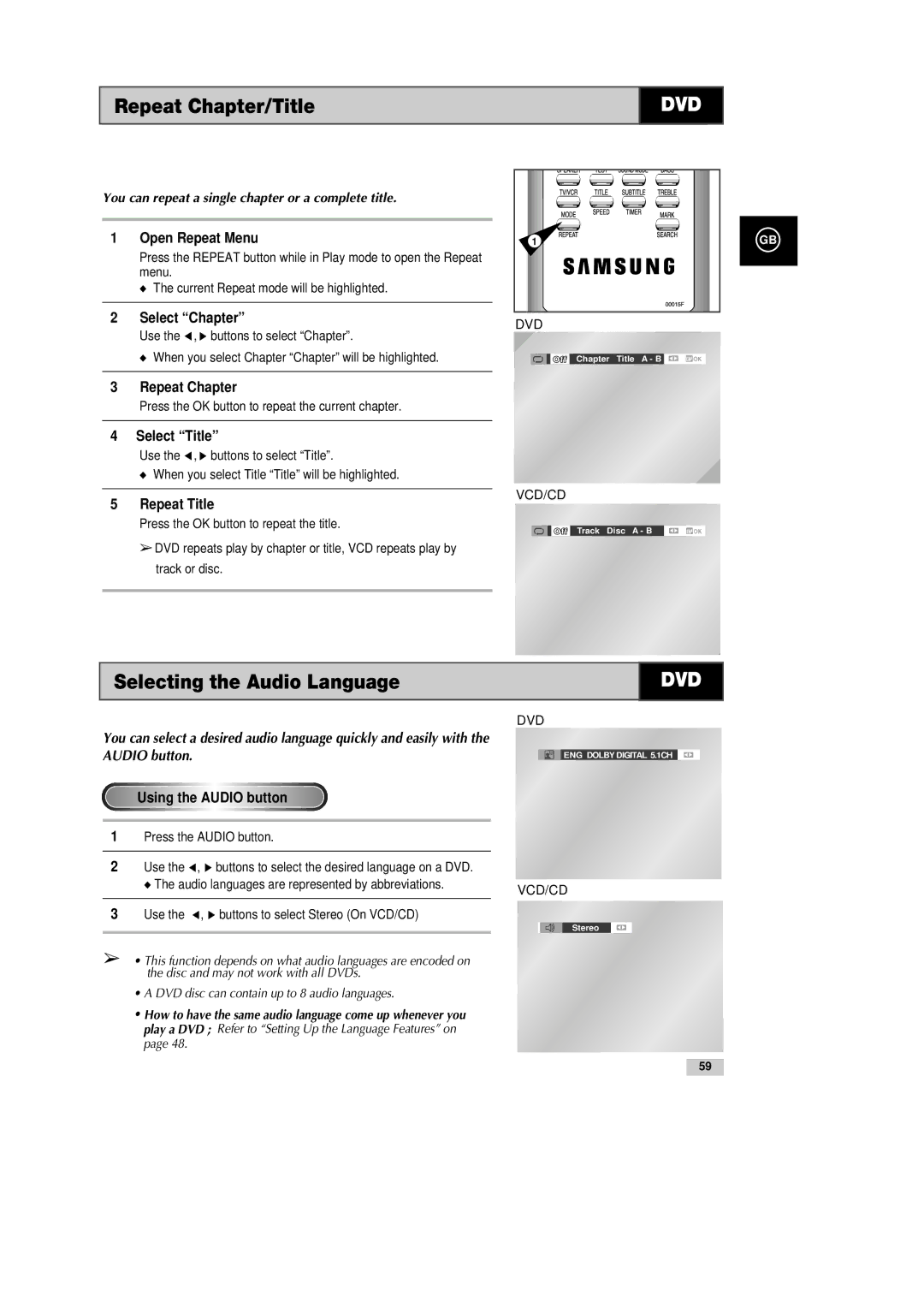 Samsung DVD-CM500H/XEF manual Repeat Chapter/Title, Selecting the Audio Language 