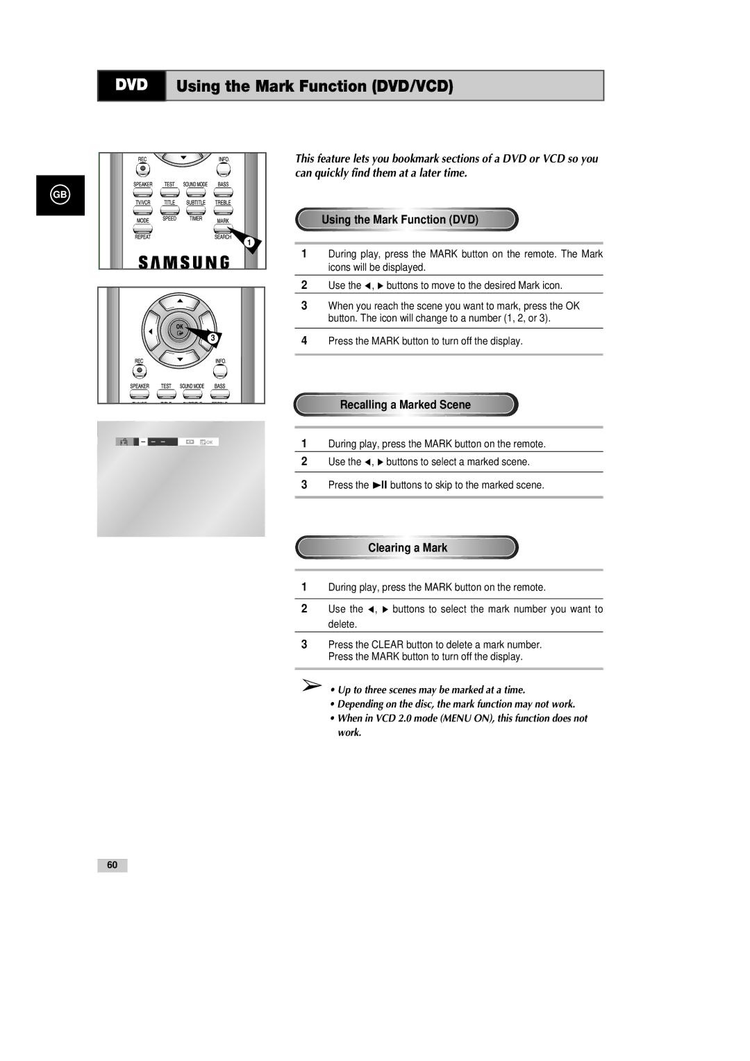 Samsung DVD-CM500H/XEF manual DVD Using the Mark Function DVD/VCD, Recalling a Marked Scene, Clearing a Mark 