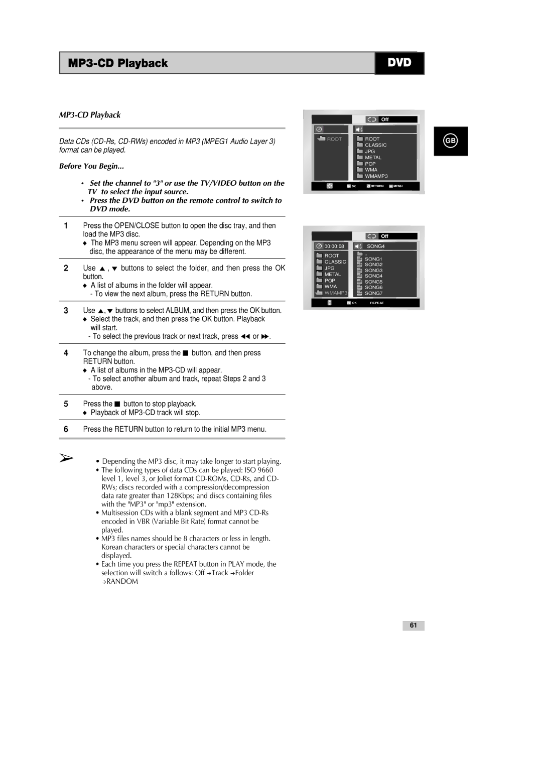 Samsung DVD-CM500H/XEF manual MP3-CD Playback, List of albums in the folder will appear 