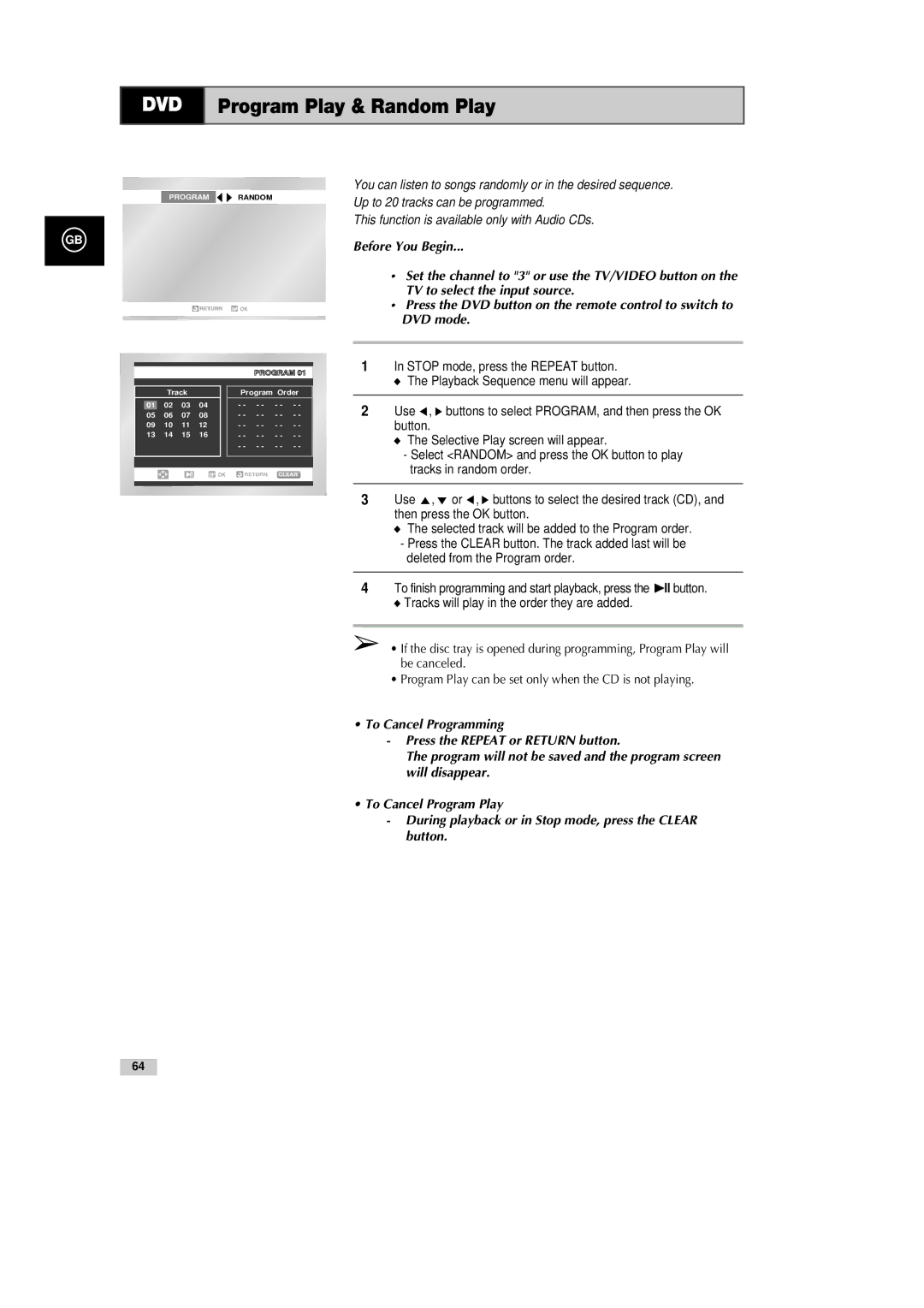 Samsung DVD-CM500H/XEF manual Program Play & Random Play, Then press the OK button 