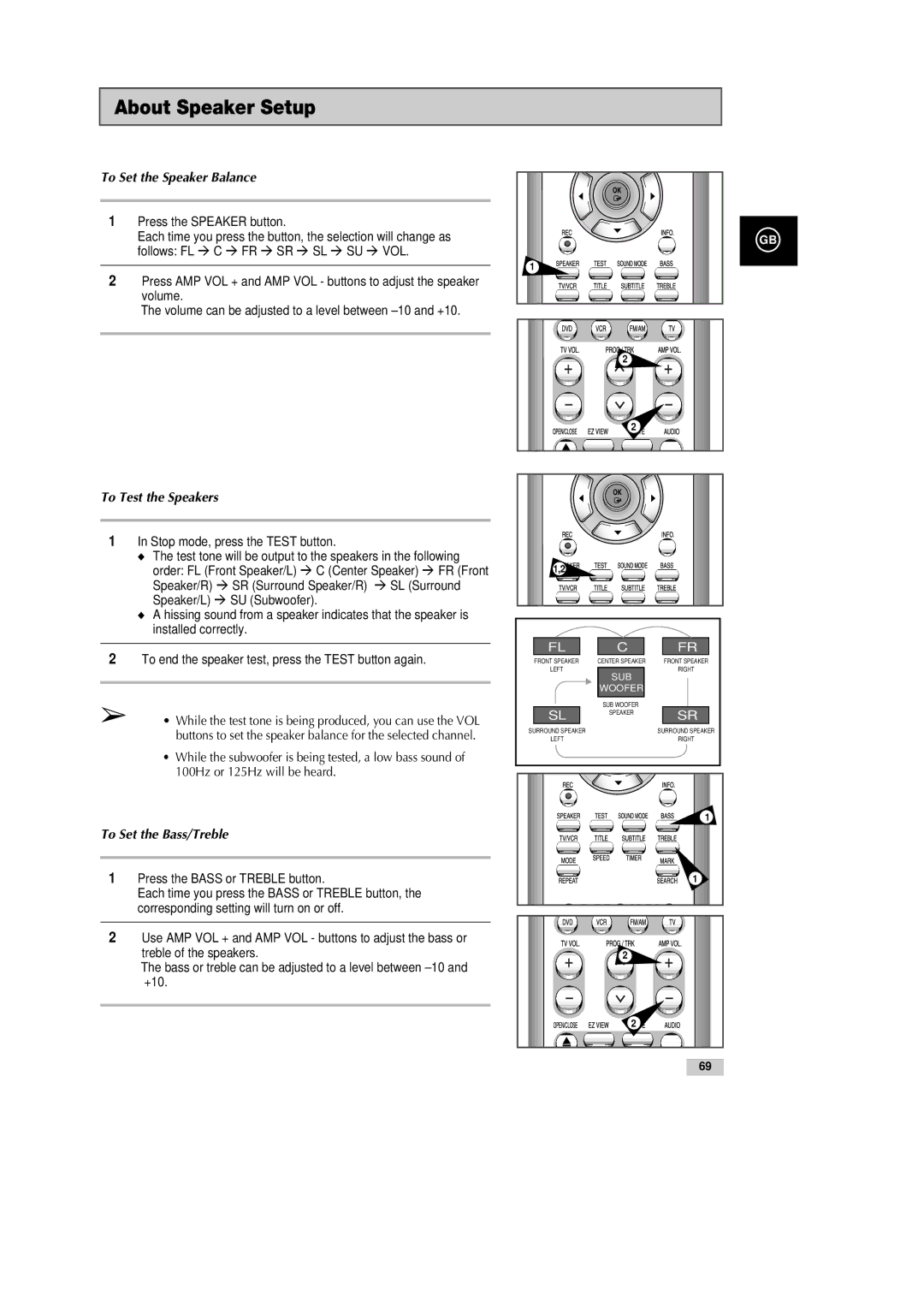 Samsung DVD-CM500H/XEF manual To Set the Speaker Balance, To Test the Speakers, To Set the Bass/Treble 