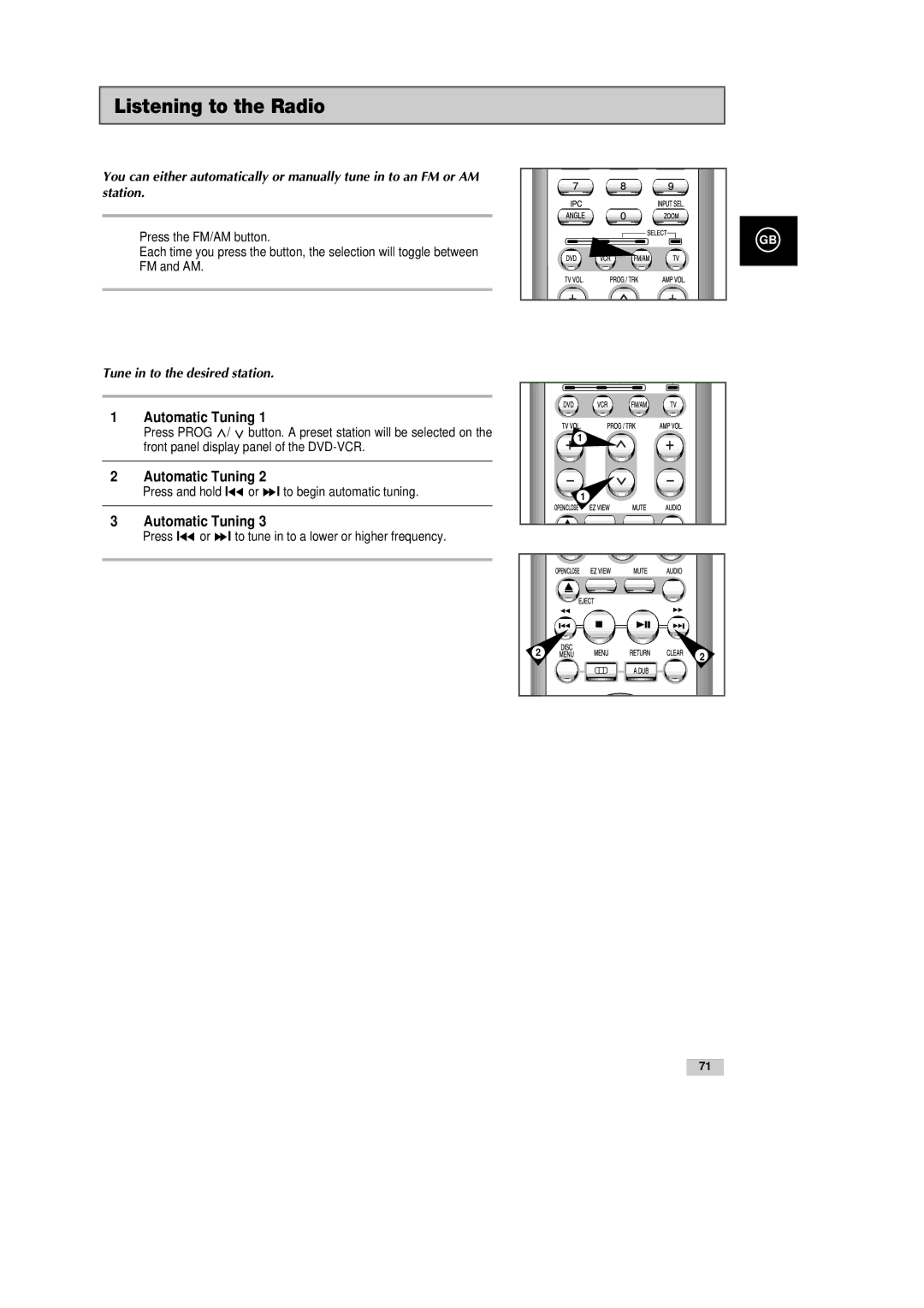 Samsung DVD-CM500H/XEF manual Listening to the Radio, Automatic Tuning, Tune in to the desired station 