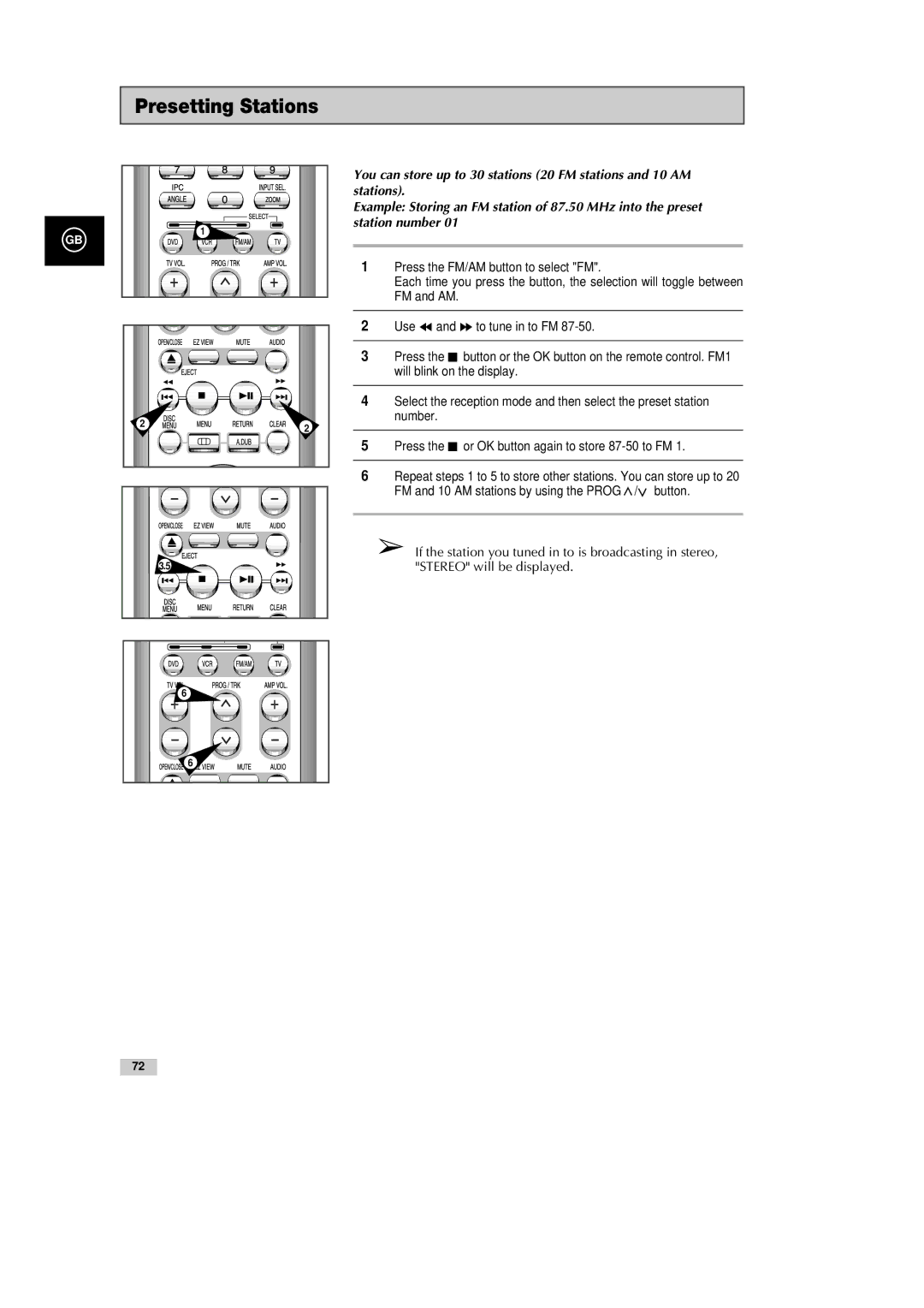 Samsung DVD-CM500H/XEF manual Presetting Stations 