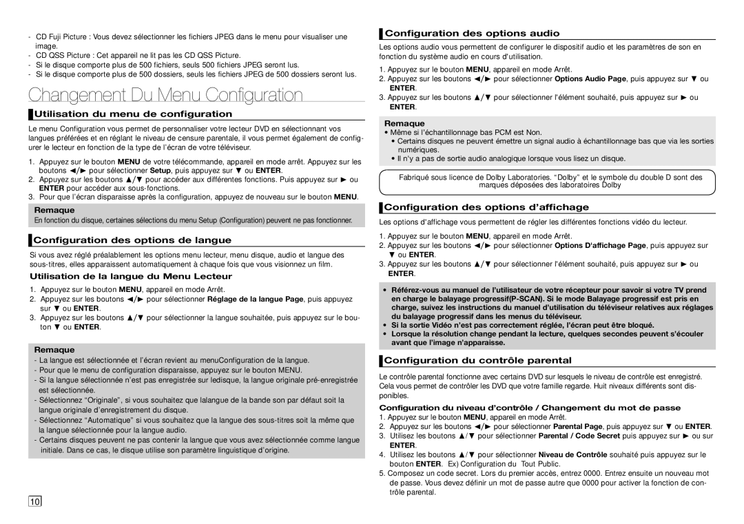 Samsung DVD-D360/EN, DVD-D360/ZF manual Changement Du Menu Configuration 