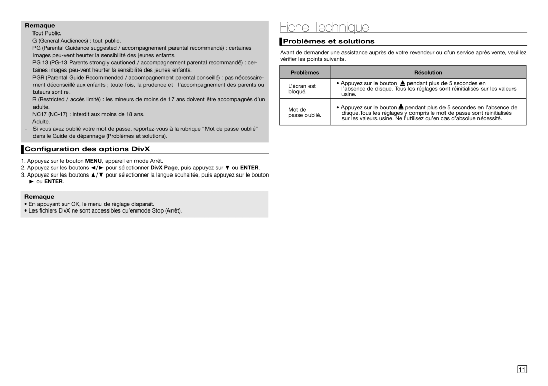 Samsung DVD-D360/ZF, DVD-D360/EN manual Fiche Technique, Configuration des options DivX, Problèmes et solutions, Ou Enter 