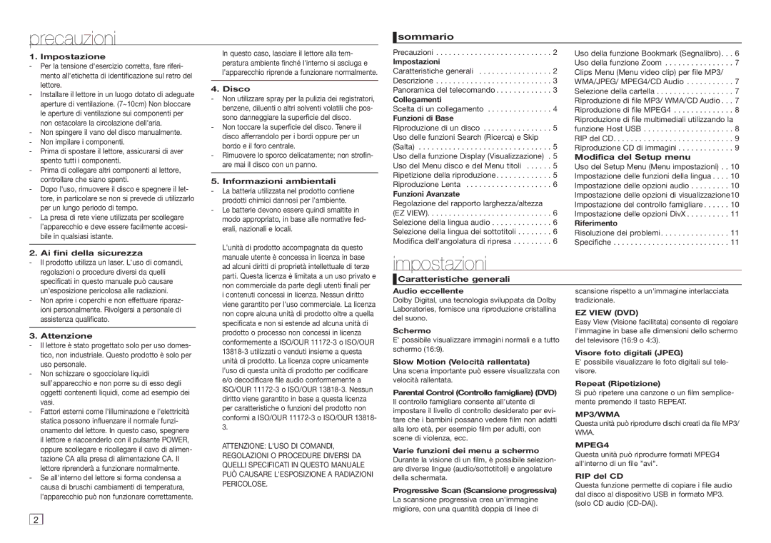 Samsung DVD-D360/EN, DVD-D360/ZF manual Precauzioni, Impostazioni, Sommario 