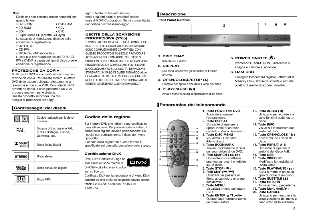 Samsung DVD-D360/ZF, DVD-D360/EN Descrizione, Contrassegni dei dischi Panoramica del telecomando, Codice della regione 