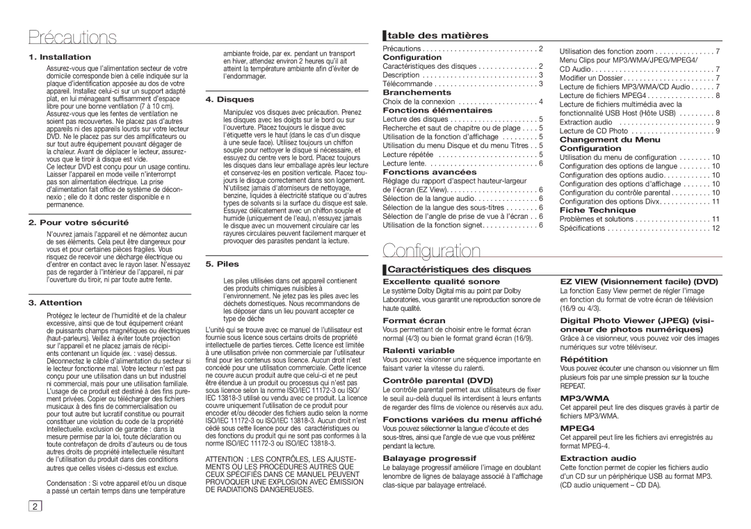 Samsung DVD-D360/EN, DVD-D360/ZF manual Précautions, Configuration, Table des matières, Caractéristiques des disques 