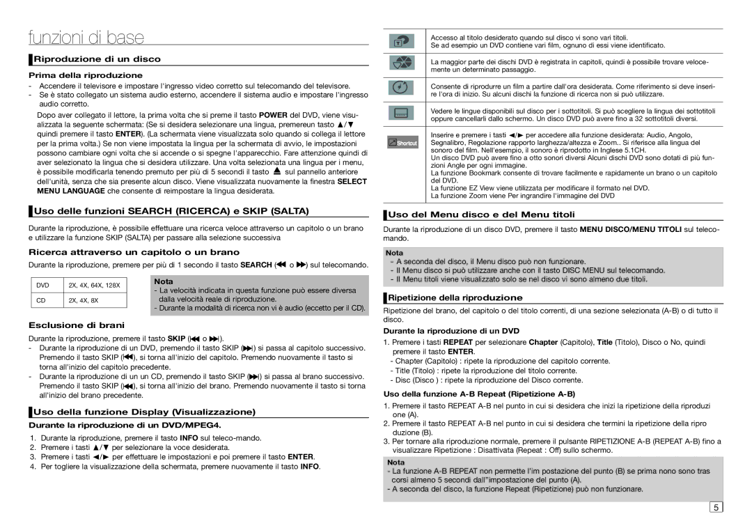 Samsung DVD-D360/ZF, DVD-D360/EN manual Funzioni di base 