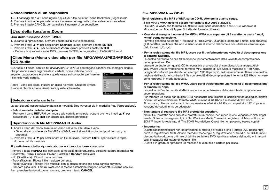 Samsung DVD-D360/ZF, DVD-D360/EN manual Cancellazione di un segnalibro, Uso della funzione Zoom, Selezione della cartella 