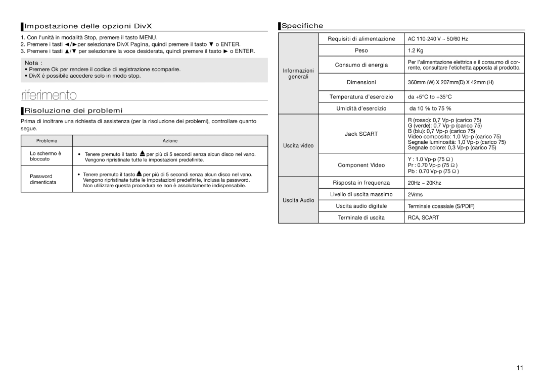 Samsung DVD-D360/ZF, DVD-D360/EN manual Riferimento, Impostazione delle opzioni DivX, Risoluzione dei problemi, Specifiche 