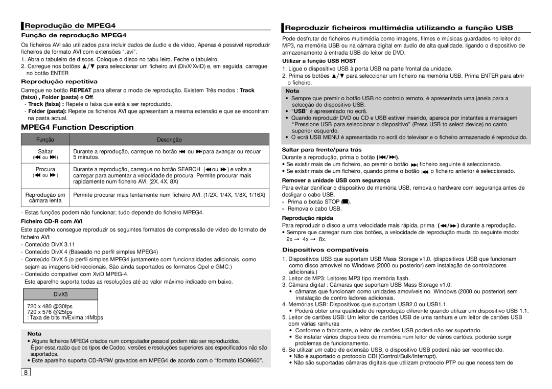 Samsung DVD-D360/EN, DVD-D360/ZF manual Reprodução de MPEG4, Reproduzir ficheiros multimédia utilizando a função USB 