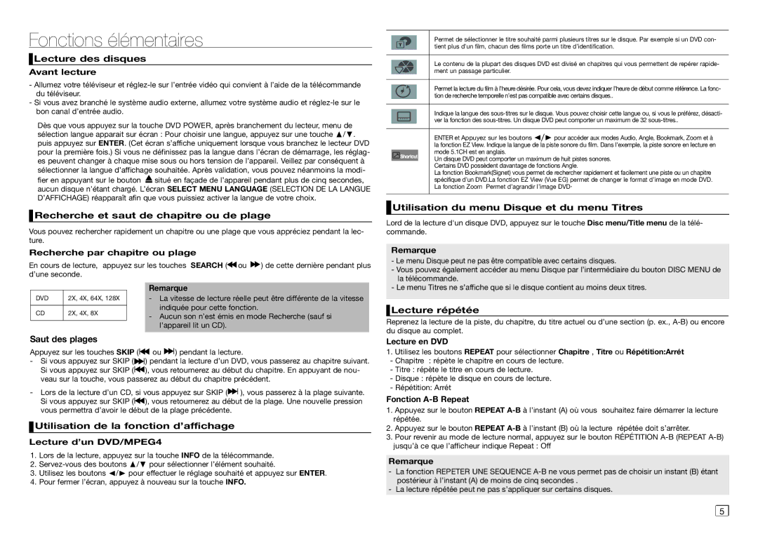 Samsung DVD-D360/ZF, DVD-D360/EN manual Fonctions élémentaires 