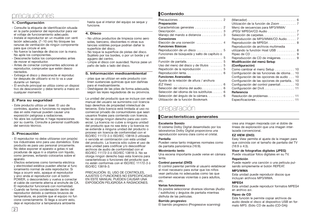 Samsung DVD-D360/EN, DVD-D360/ZF manual Precauciones, Preparación, Contenido, Características generales 