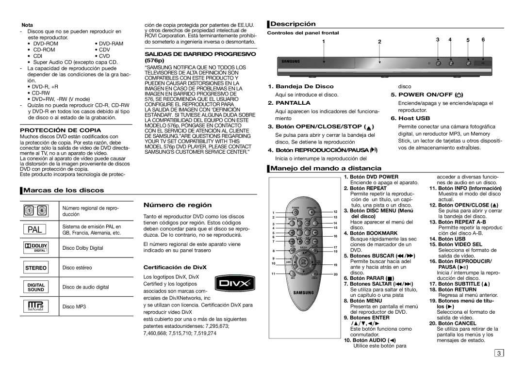 Samsung DVD-D360/ZF, DVD-D360/EN manual Descripción, Manejo del mando a distancia, Marcas de los discos, Número de región 