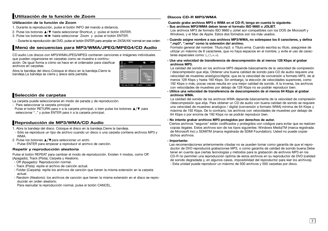 Samsung DVD-D360/ZF, DVD-D360/EN Utilización de la función de Zoom, Menú de secuencias para MP3/WMA/JPEG/MPEG4/CD Audio 