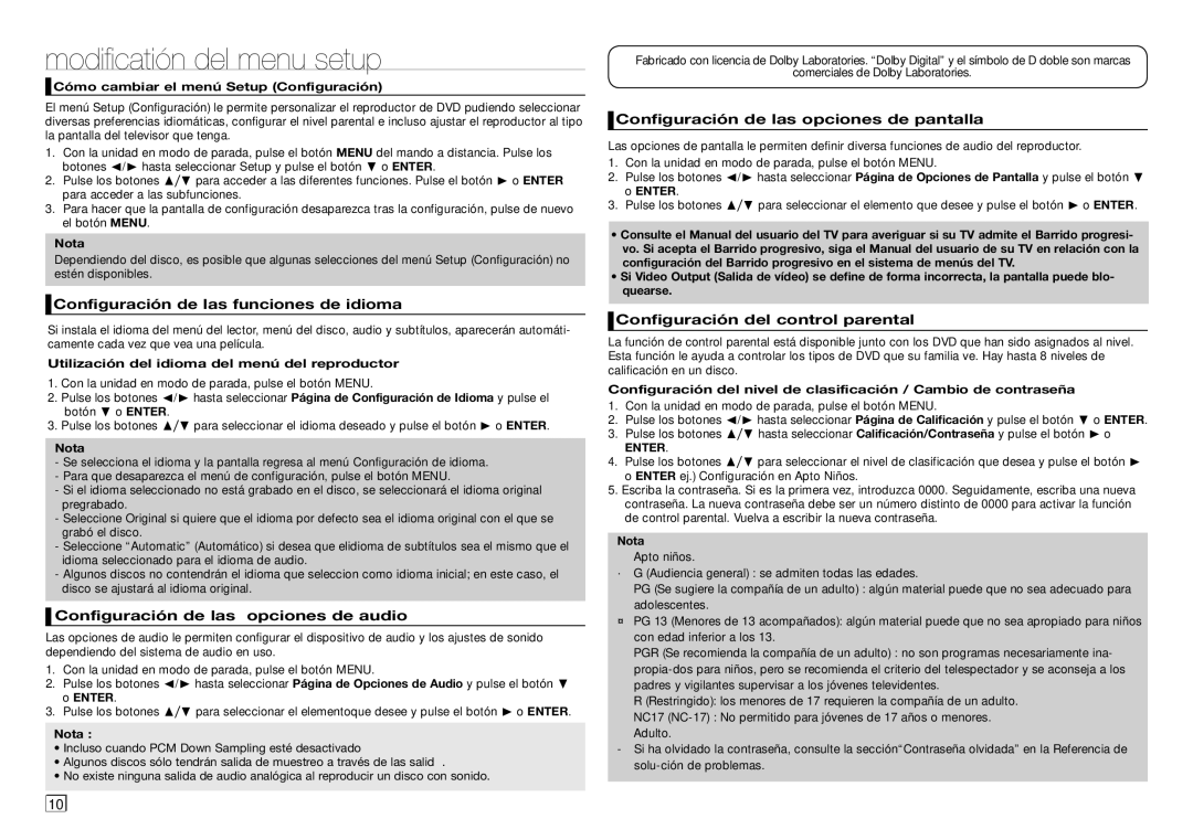 Samsung DVD-D360/EN, DVD-D360/ZF manual Modificatión del menu setup, Configuración de las funciones de idioma 