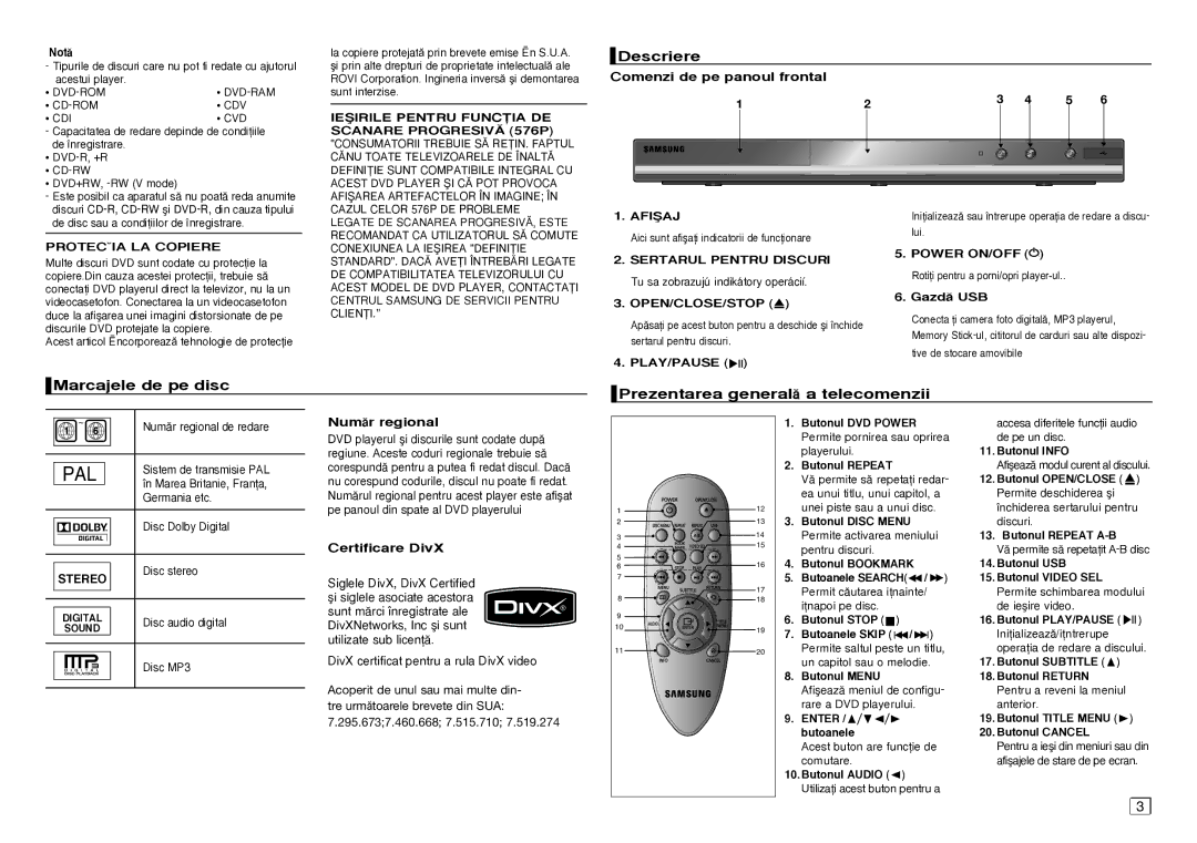 Samsung DVD-D360/EN manual Descriere, Marcajele de pe disc Prezentarea general a telecomenzii, Dvd-Rom, Cd-Rom Cdv Cdi Cvd 