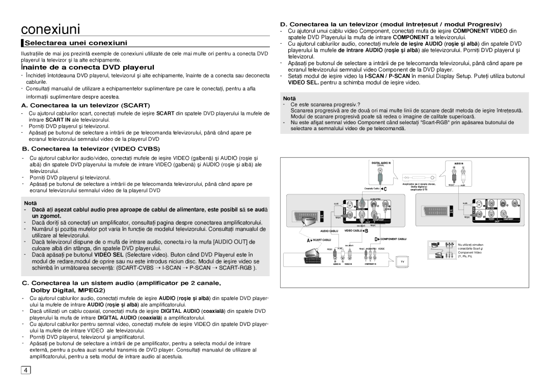 Samsung DVD-D360/EN manual Conexiuni, Selectarea unei conexiuni, Nainte de a conecta DVD playerul 