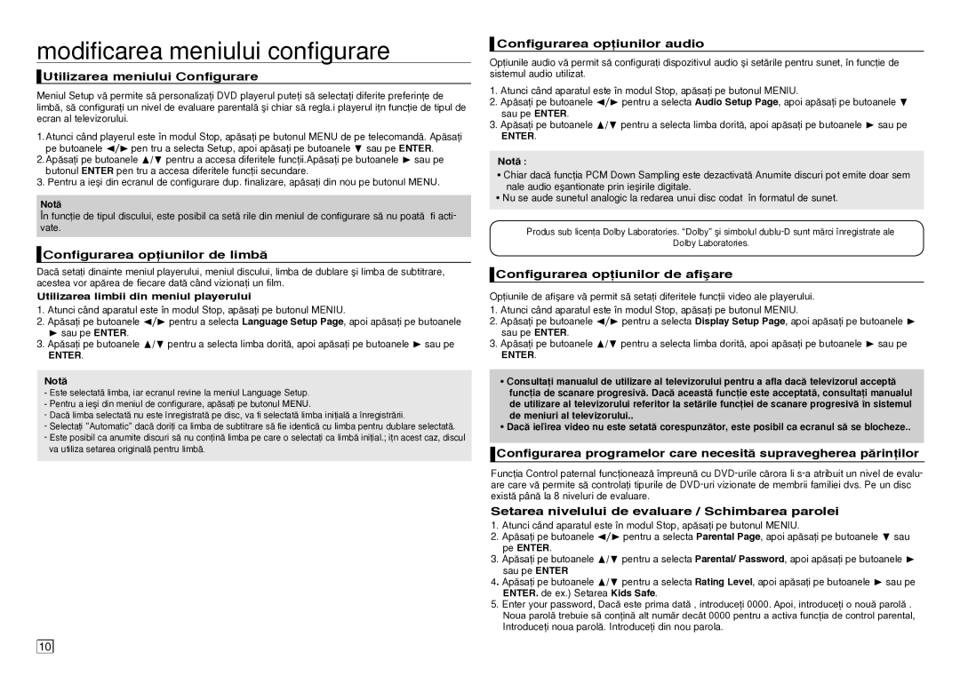 Samsung DVD-D360/EN Modificarea meniului configurare, Utilizarea meniului Configurare, Configurarea opiunilor de limb 