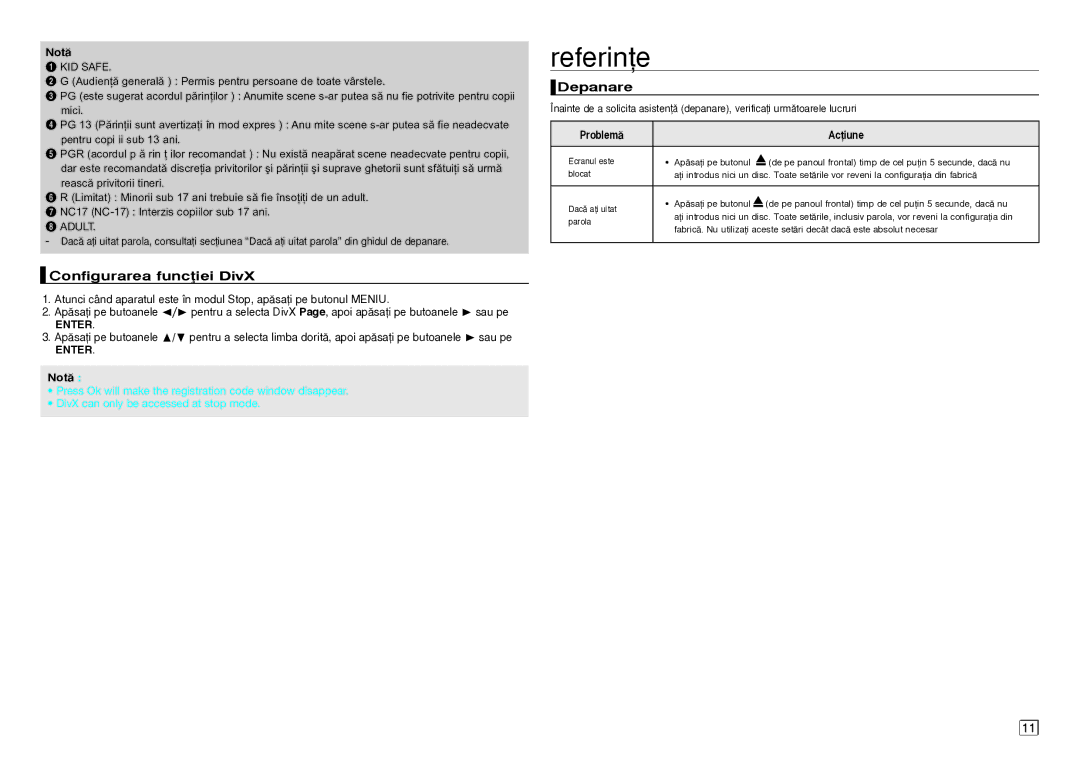 Samsung DVD-D360/EN manual Referine, Configurarea funcΣiei DivX, Depanare, Problem Aciune 