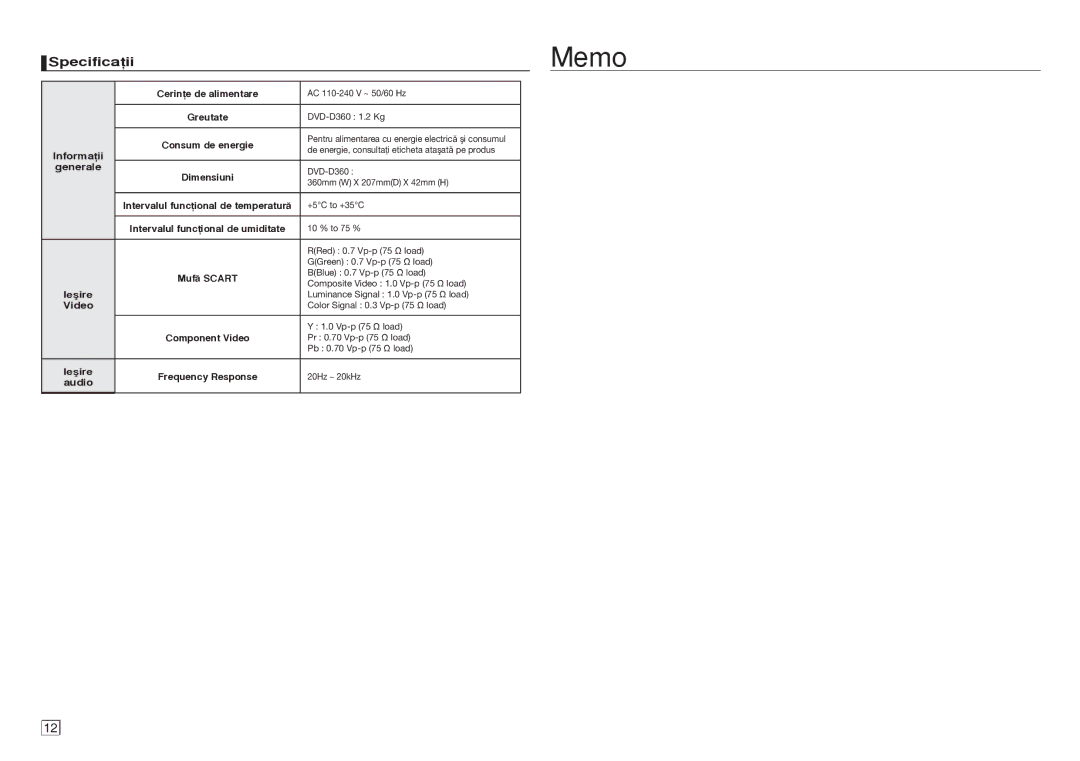 Samsung DVD-D360/EN manual Memo, Specificaii 