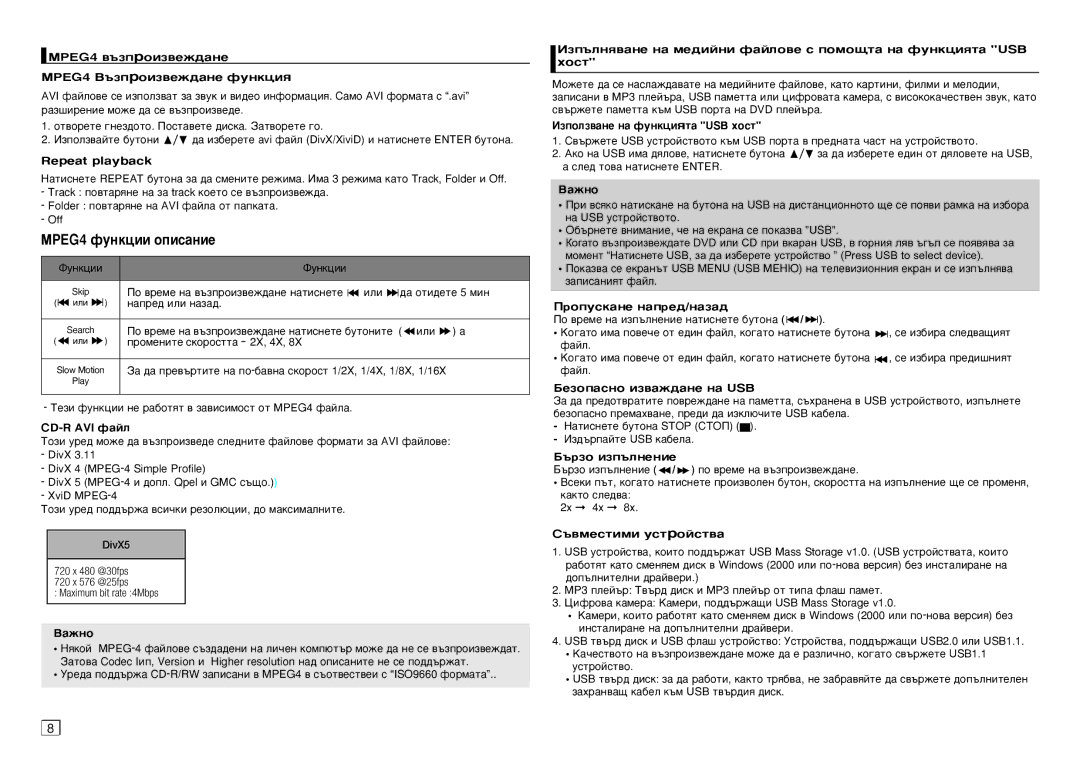 Samsung DVD-D360/EN manual MPEG4 ‚˙ÁÔÓËÁ‚ÂÊ‰‡ÌÂ, Cd-R Avi Ù‡Èî, Åâáóô‡Òìó Ëá‚‡Ê‰‡Ìâ Ì‡ Usb, ˙Áó Ëáô˙Îìâìëâ 