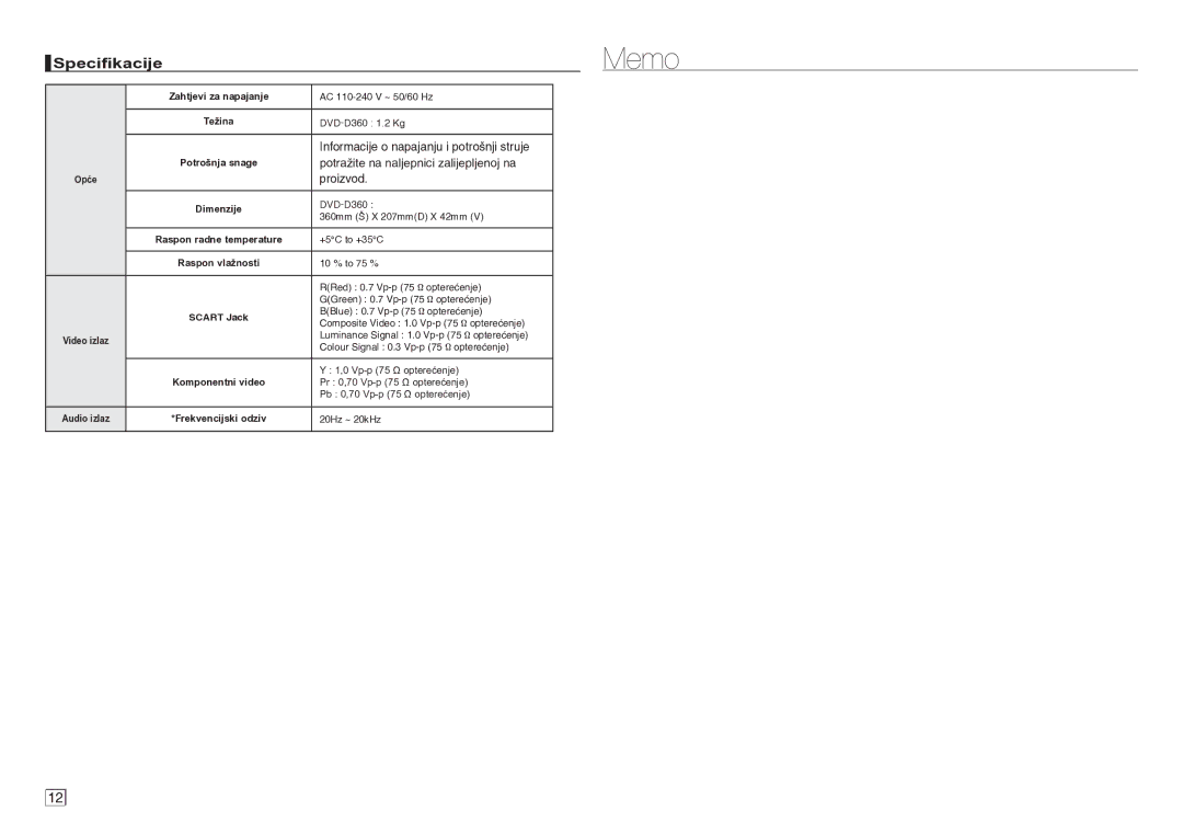 Samsung DVD-D360/EN manual Memo, Specifikacije 