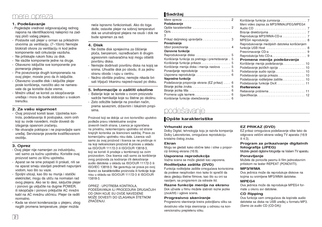 Samsung DVD-D360/EN manual Mere opreza, Podešavanje 