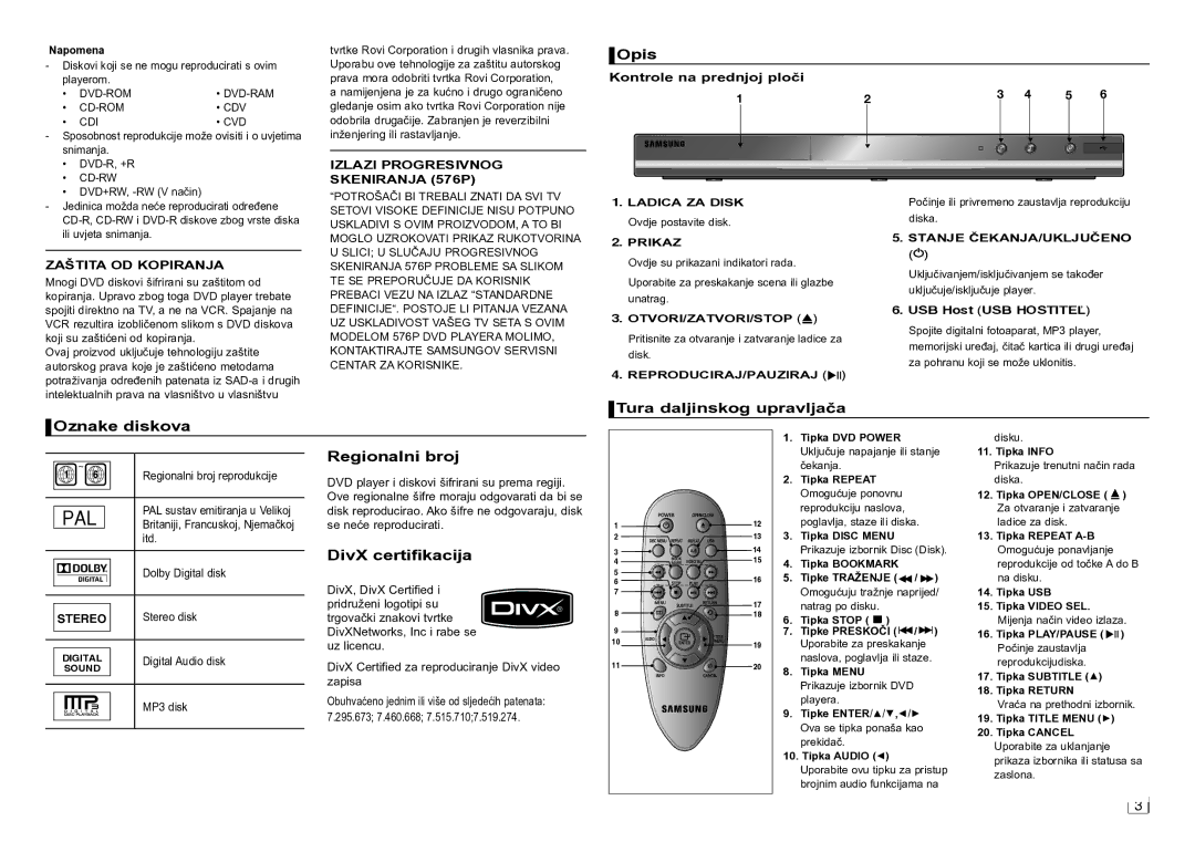 Samsung DVD-D360/EN manual Opis, Oznake diskova Tura daljinskog upravljača, Regionalni broj, DivX certifikacija 