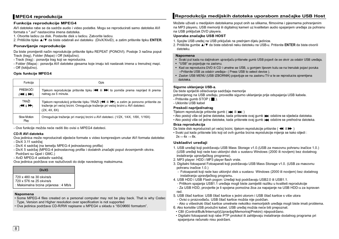 Samsung DVD-D360/EN manual MPEG4 reprodukcija, Reprodukcija medijskih datoteka uporabom značajke USB Host 