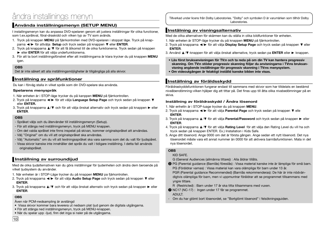 Samsung DVD-D360/XE manual Åndra installinings menyn 