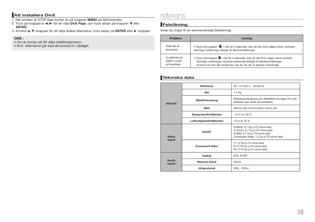 Samsung DVD-D360/XE manual Referens, Att installera DivX, Felsökning, Tekniska data, Problem Lösning 