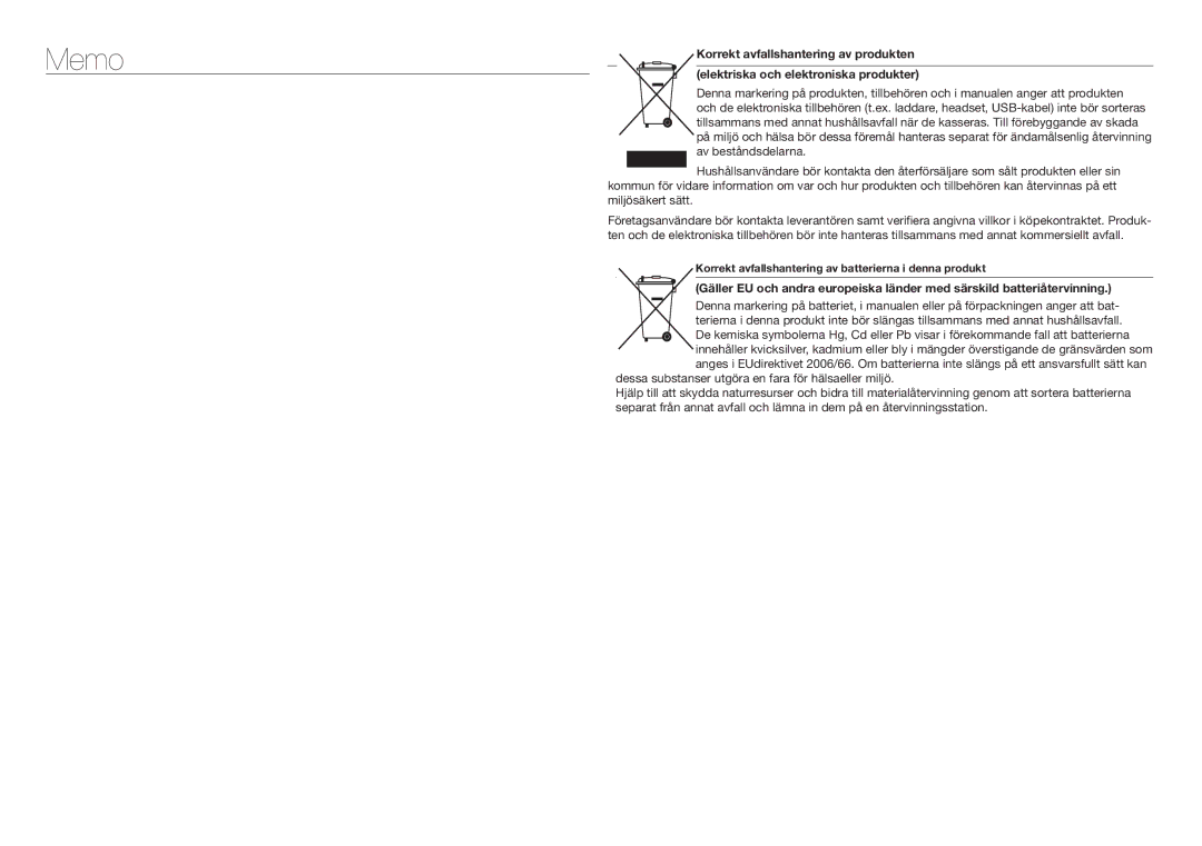 Samsung DVD-D360/XE manual Korrekt avfallshantering av batterierna i denna produkt 