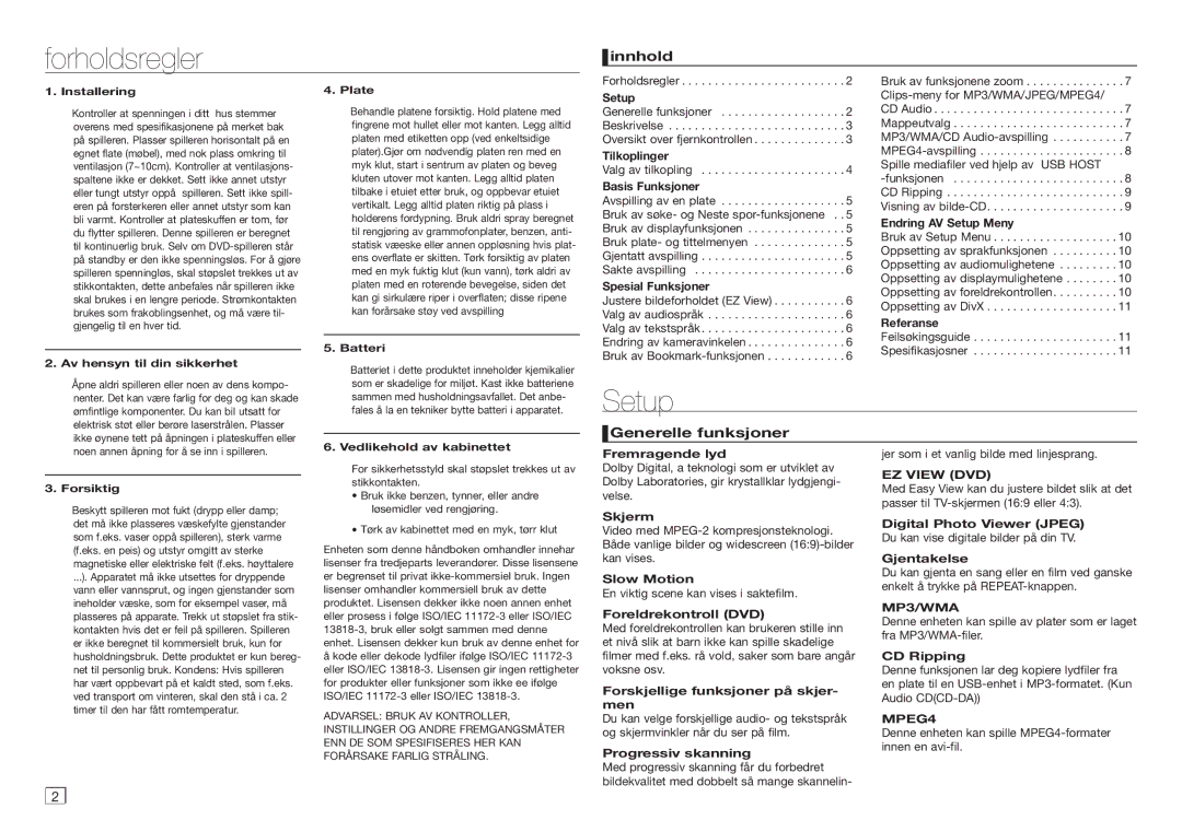 Samsung DVD-D360/XE manual Forholdsregler, Setup, Innhold, Generelle funksjoner, EZ View DVD 