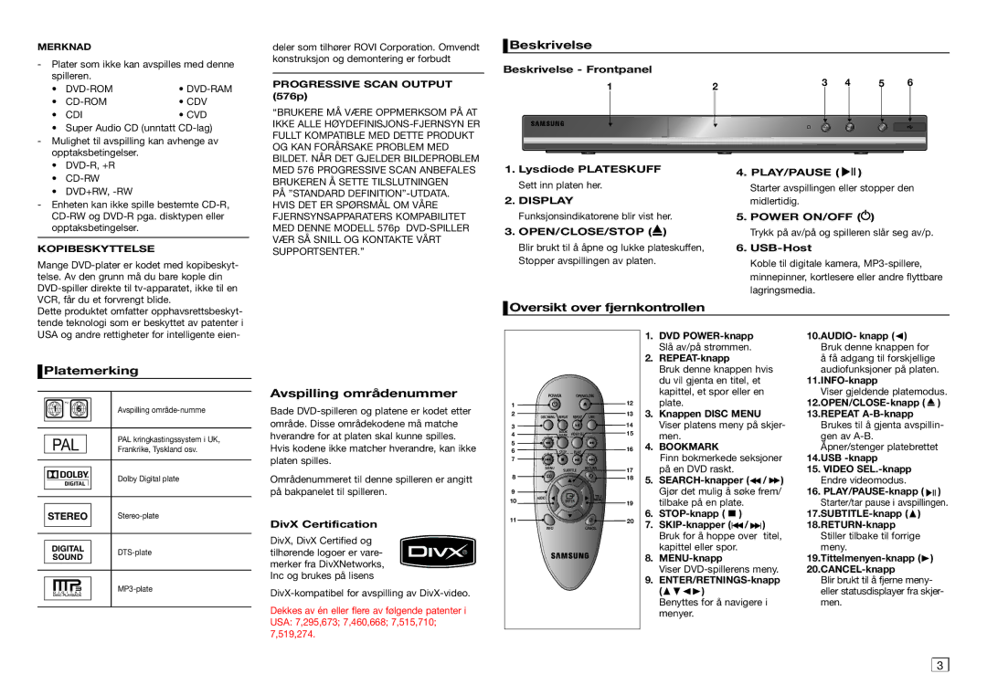 Samsung DVD-D360/XE manual Beskrivelse, Oversikt over fjernkontrollen, Platemerking, Avspilling områdenummer 