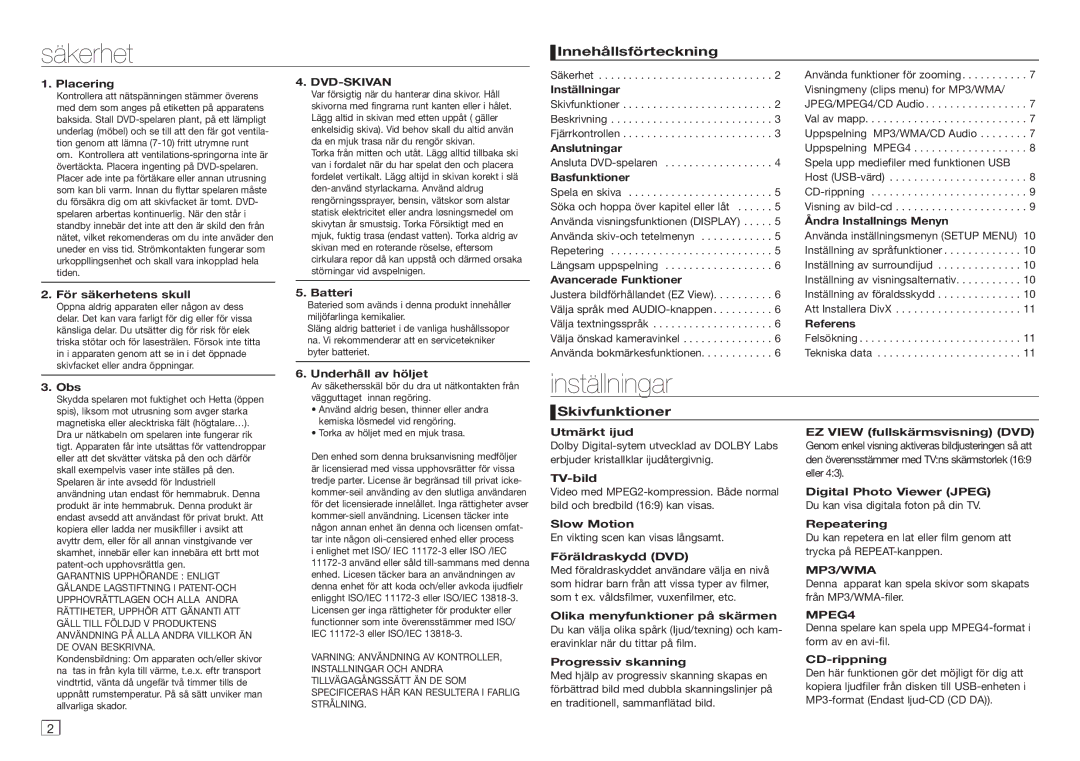 Samsung DVD-D360/XE manual Säkerhet, Inställningar, Innehållsförteckning, Skivfunktioner 