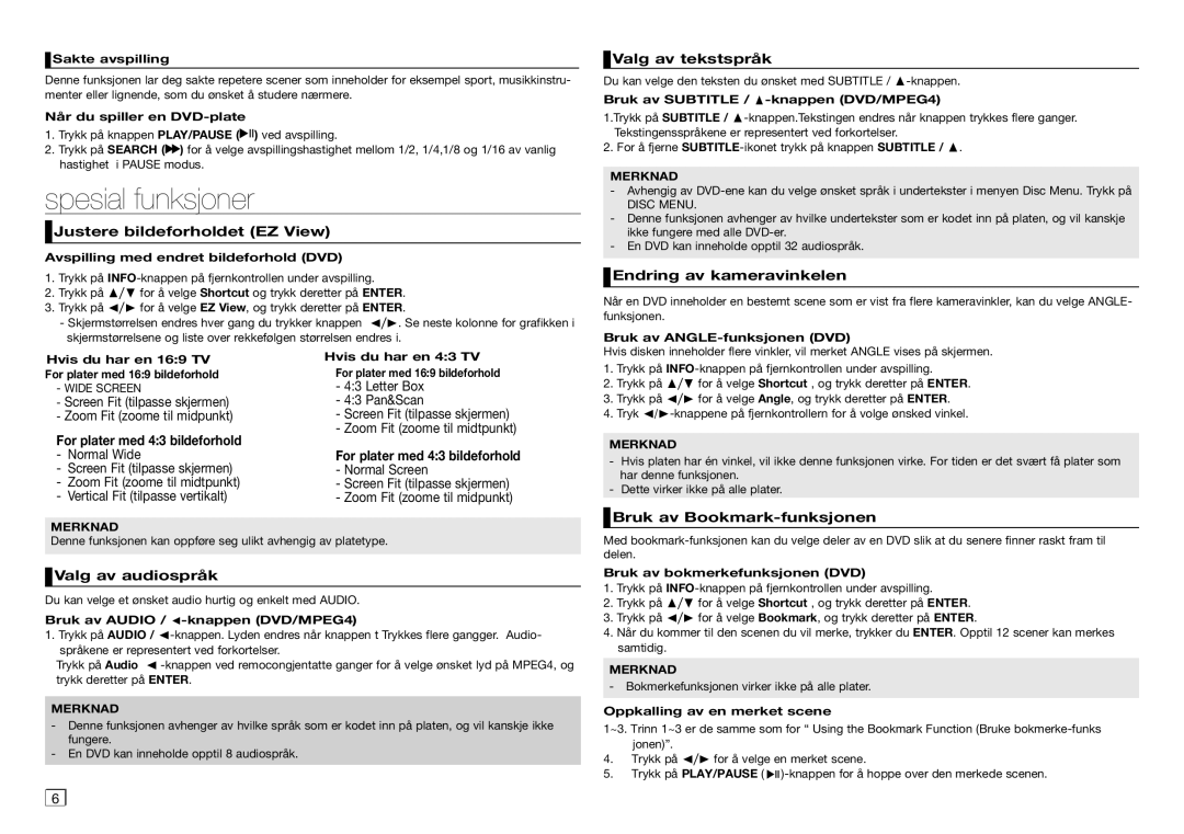Samsung DVD-D360/XE manual Spesial funksjoner 