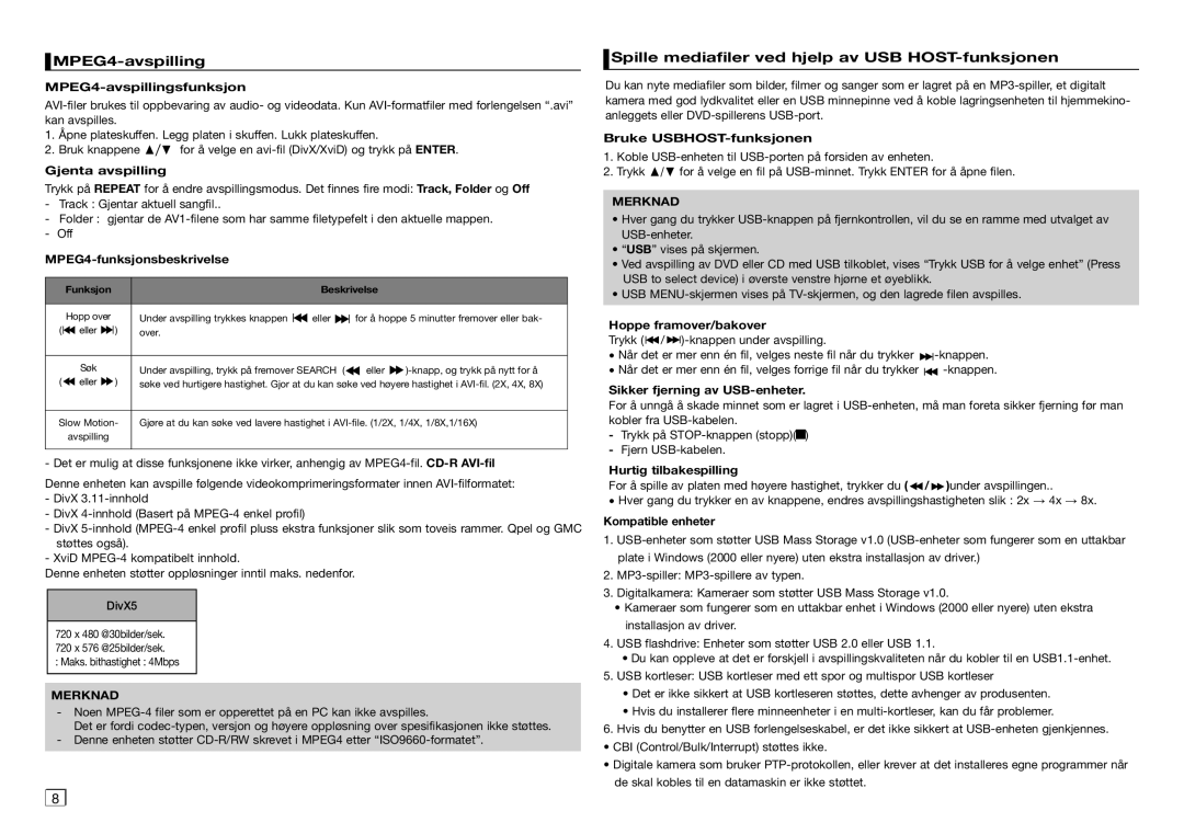 Samsung DVD-D360/XE manual MPEG4-avspilling, Spille mediafiler ved hjelp av USB HOST-funksjonen 