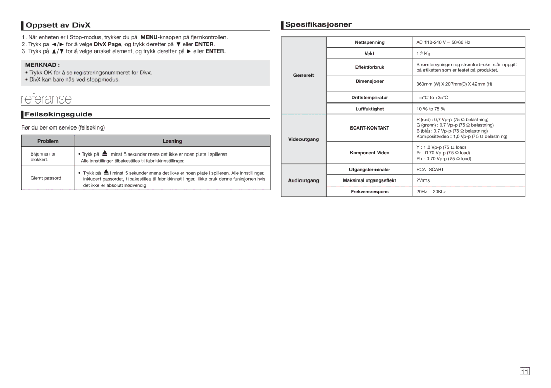 Samsung DVD-D360/XE manual Referanse, Oppsett av DivX, Feilsøkingsguide, Spesifikasjosner, Problem Løsning 