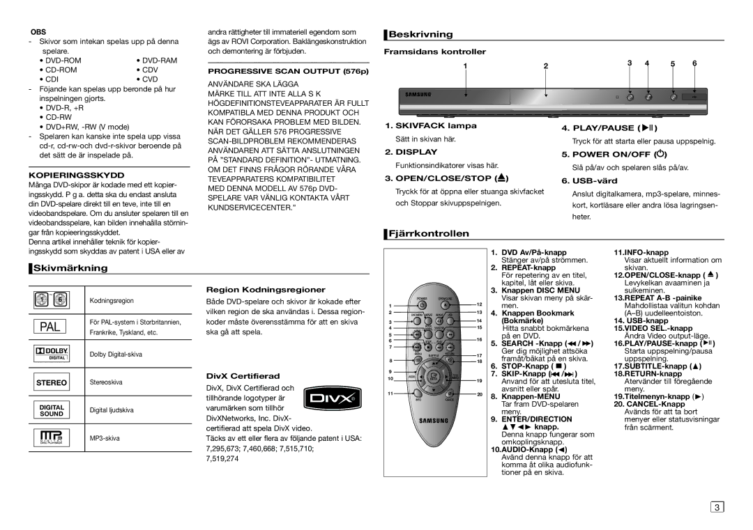 Samsung DVD-D360/XE manual Beskrivning, Fjärrkontrollen, Skivmärkning 