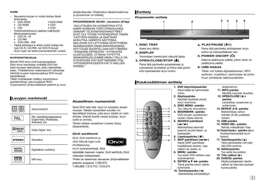 Samsung DVD-D360/XE manual Esittely, Kaukosäätimen esittely Levyjen merkinnät, Alueellinen numerointi, Display, Open/Close 