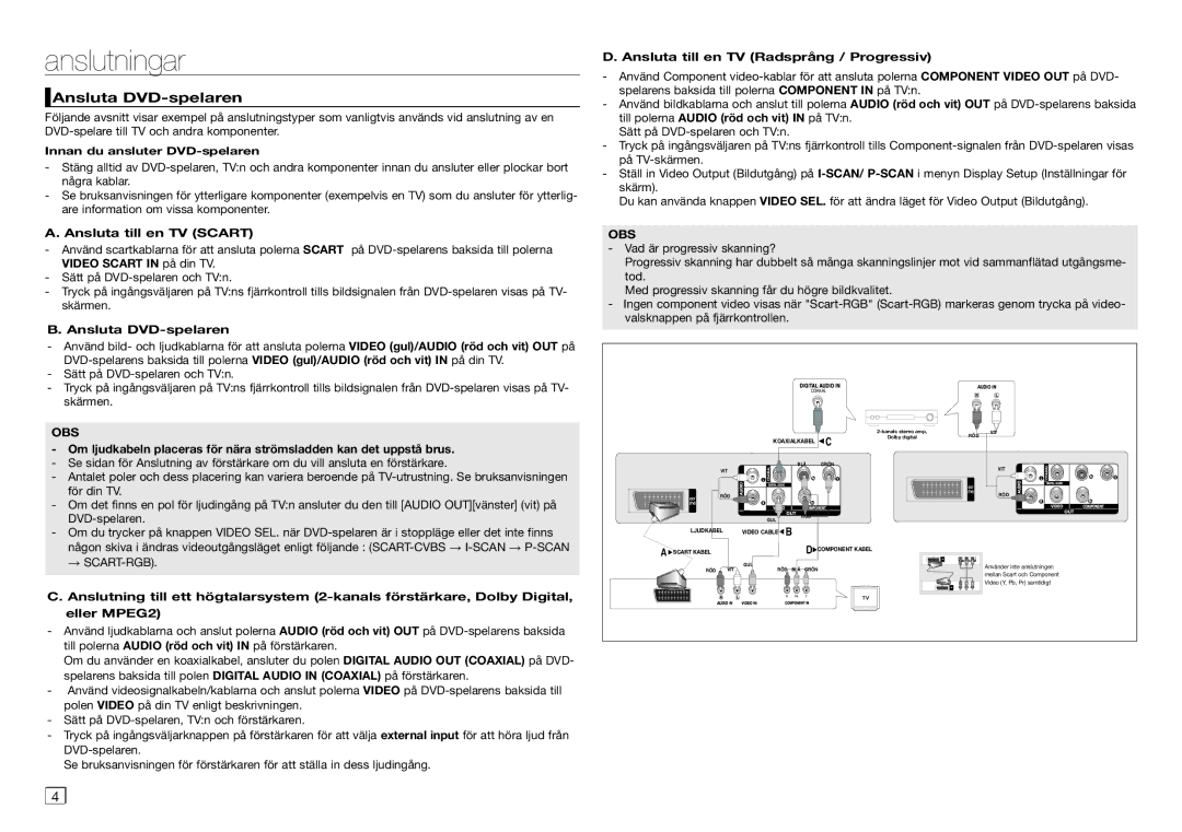 Samsung DVD-D360/XE manual Anslutningar, Ansluta DVD-spelaren, Ansluta till en TV Scart 