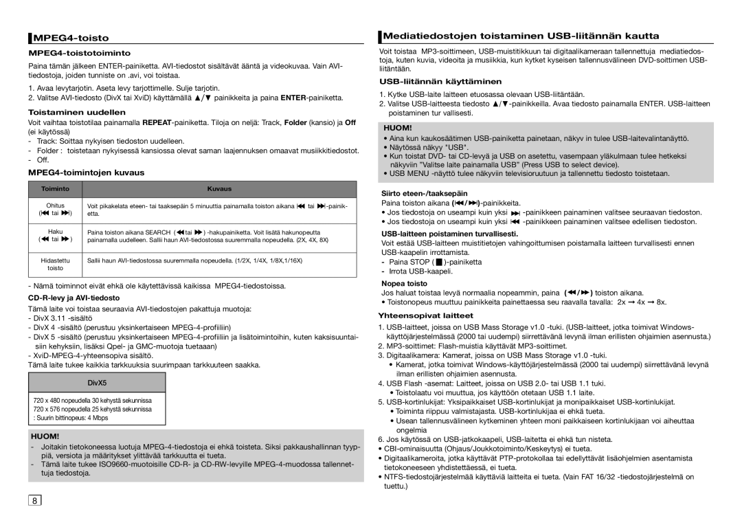 Samsung DVD-D360/XE manual MPEG4-toisto, MPEG4-toimintojen kuvaus, Mediatiedostojen toistaminen USB-liitännän kautta 