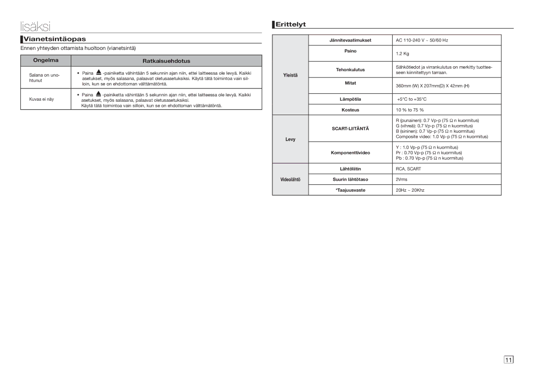 Samsung DVD-D360/XE manual Lisäksi, Vianetsintäopas, Erittelyt, Ongelma Ratkaisuehdotus 