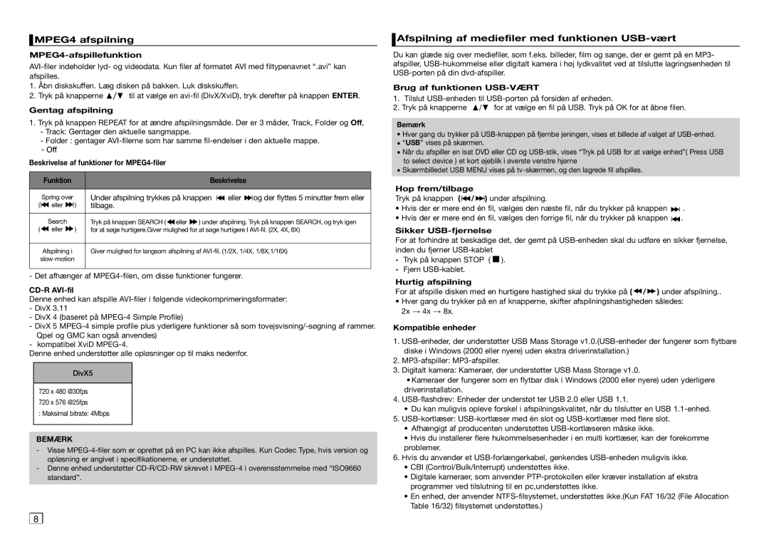 Samsung DVD-D360/XE manual MPEG4 afspilning, Afspilning af mediefiler med funktionen USB-vært 